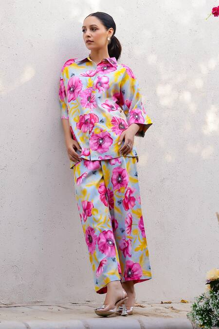 Buy_Chrkha_Blue Cotton Satin Printed Floral Collared Shirt And Pant Set _Online_at_Aza_Fashions