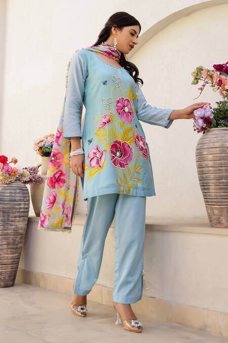 Chrkha_Blue Cotton Satin, Chanderi Floral Honeycomb Print Embroidered Kurta Pant Set _Online_at_Aza_Fashions