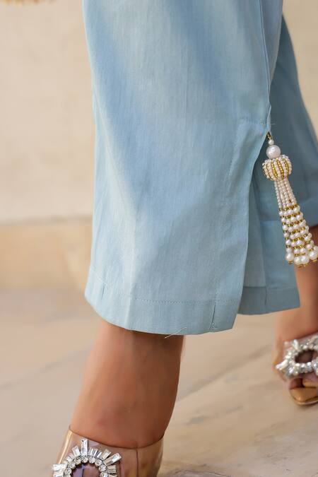 Buy_Chrkha_Blue Cotton Satin, Chanderi Floral Honeycomb Print Embroidered Kurta Pant Set _Online_at_Aza_Fashions