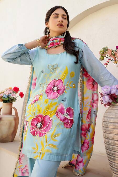 Shop_Chrkha_Blue Cotton Satin, Chanderi Floral Honeycomb Print Embroidered Kurta Pant Set _Online_at_Aza_Fashions