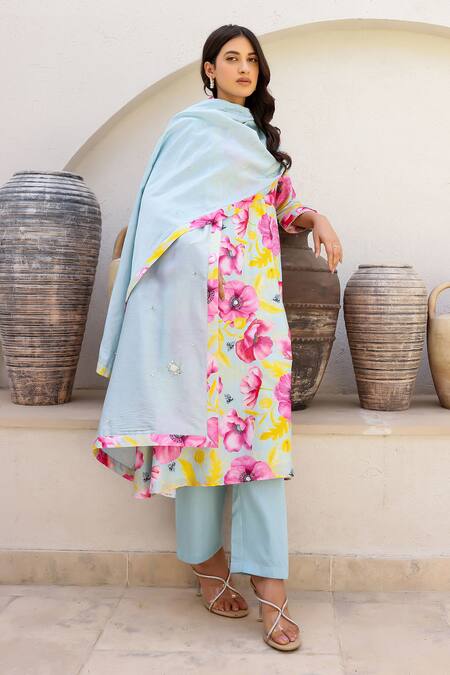 Buy_Chrkha_Blue Chanderi Silk Embroidery, Pearls, Floral Print A-line Kurta Pant Set _Online_at_Aza_Fashions