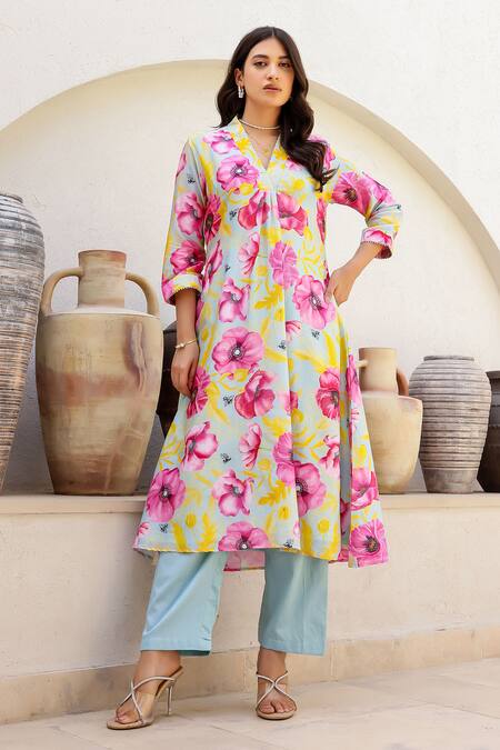 Chrkha_Blue Chanderi Silk Embroidery, Pearls, Floral Print A-line Kurta Pant Set _at_Aza_Fashions