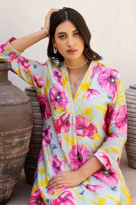 Buy_Chrkha_Blue Chanderi Silk Embroidery, Pearls, Floral Print A-line Kurta Pant Set 