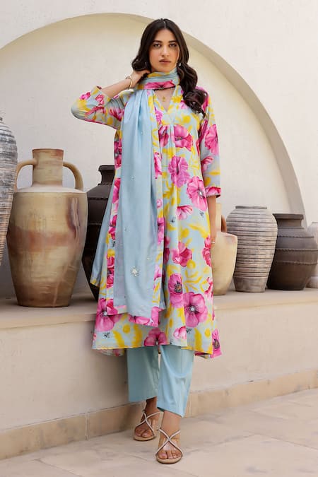 Chrkha Floral Print Embroidered A-Line Kurta Pant Set 