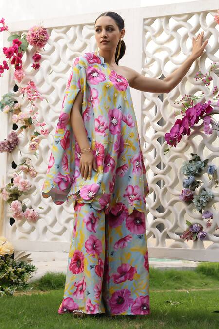 Buy_Chrkha_Blue Chanderi Silk Printed Floral One-shoulder Kaftan And Flared Pant Set _Online_at_Aza_Fashions