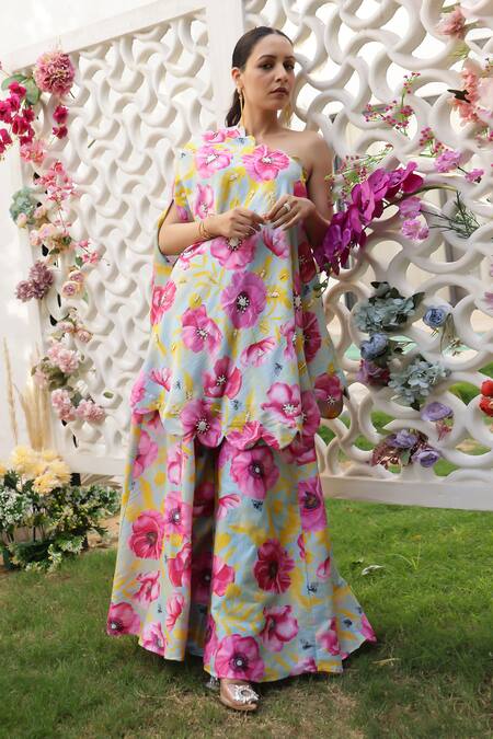 Shop_Chrkha_Blue Chanderi Silk Printed Floral One-shoulder Kaftan And Flared Pant Set _Online_at_Aza_Fashions