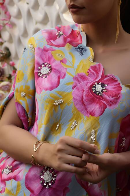 Chrkha_Blue Chanderi Silk Printed Floral One-shoulder Kaftan And Flared Pant Set _at_Aza_Fashions