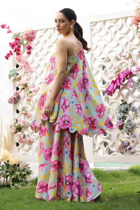 Chrkha One-Shoulder Floral Print Kaftan & Flared Pant Set 