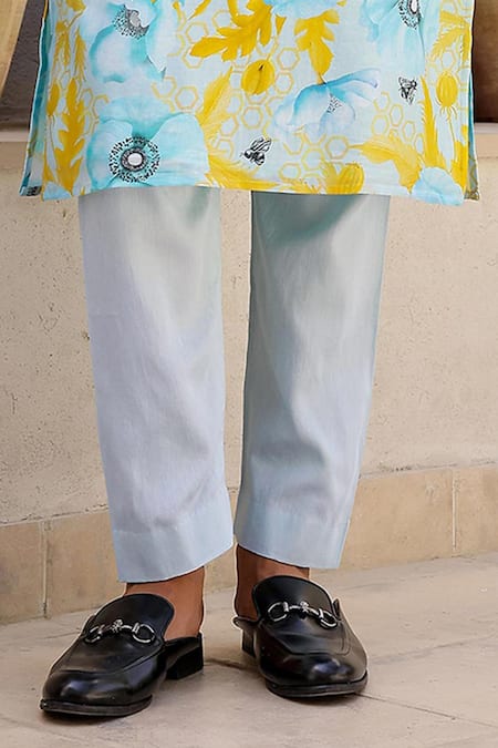 Chrkha_Blue Satin, Chanderi Silk, Floral Print Straight Kurta With Pant _Online_at_Aza_Fashions