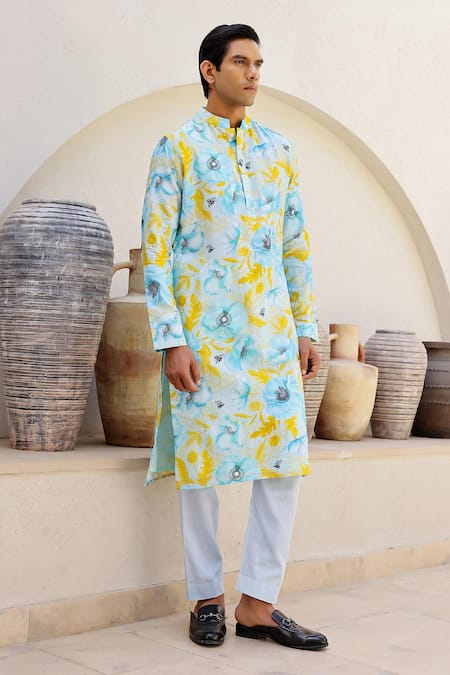 Buy_Chrkha_Blue Satin, Chanderi Silk, Floral Print Straight Kurta With Pant _Online_at_Aza_Fashions