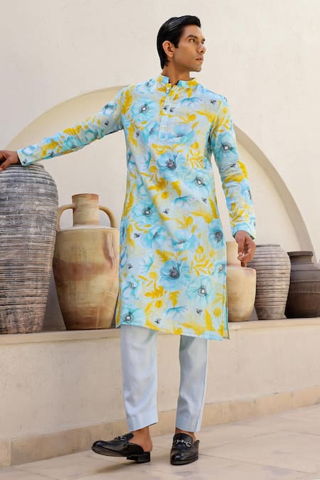 Shop_Chrkha_Blue Satin, Chanderi Silk, Floral Print Straight Kurta With Pant _Online_at_Aza_Fashions