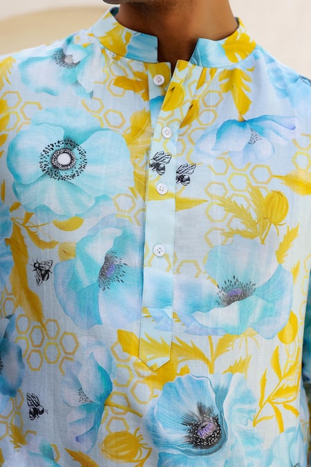 Buy_Chrkha_Blue Satin, Chanderi Silk, Floral Print Straight Kurta With Pant 