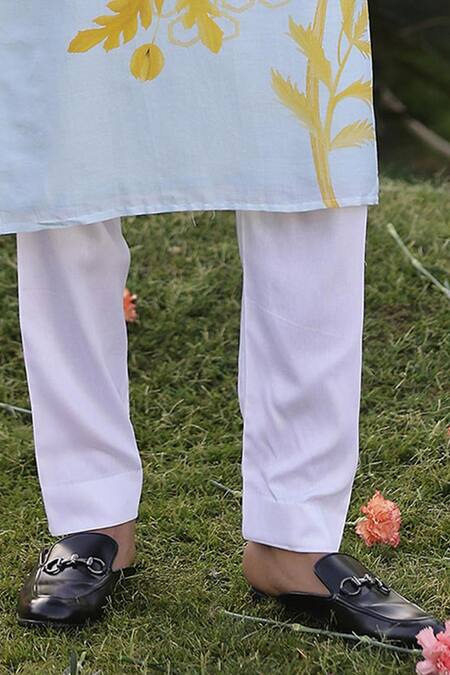 Chrkha_Blue Cotton Satin, Chanderi Silk, Floral Print Straight Kurta With Solid Pant _Online_at_Aza_Fashions