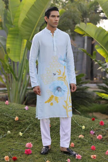 Buy_Chrkha_Blue Cotton Satin, Chanderi Silk, Floral Print Straight Kurta With Solid Pant _Online_at_Aza_Fashions