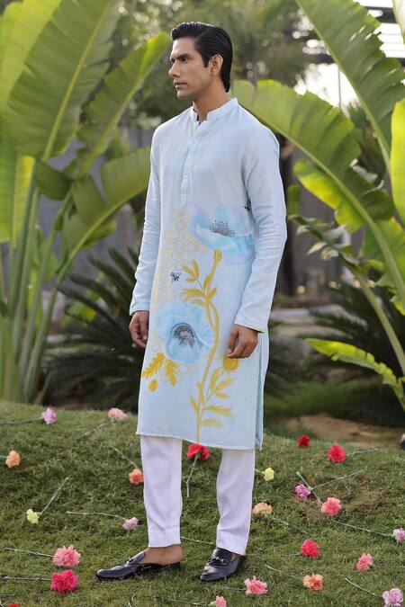 Shop_Chrkha_Blue Cotton Satin, Chanderi Silk, Floral Print Straight Kurta With Solid Pant _Online_at_Aza_Fashions