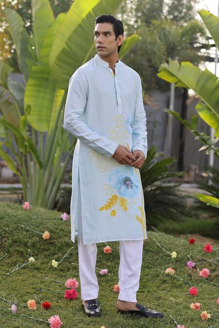 Chrkha_Blue Cotton Satin, Chanderi Silk, Floral Print Straight Kurta With Solid Pant _at_Aza_Fashions
