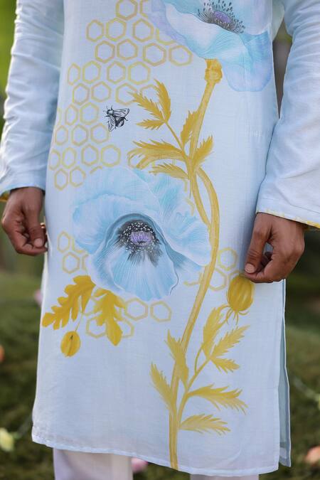 Buy_Chrkha_Blue Cotton Satin, Chanderi Silk, Floral Print Straight Kurta With Solid Pant 