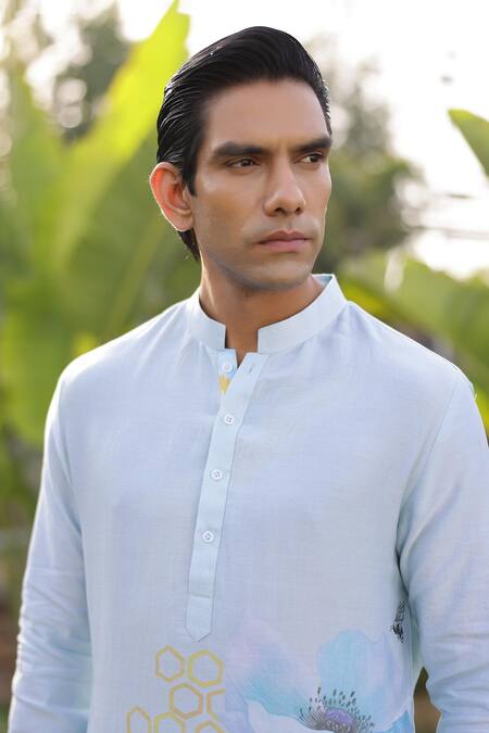 Shop_Chrkha_Blue Cotton Satin, Chanderi Silk, Floral Print Straight Kurta With Solid Pant 