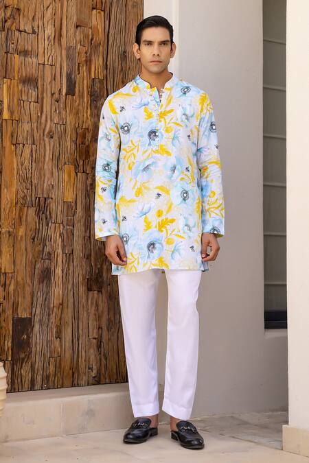 Chrkha_Blue Satin, Embroidery Floral Print Short Kurta With Pant _Online_at_Aza_Fashions