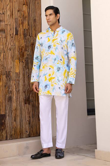 Buy_Chrkha_Blue Satin, Embroidery Floral Print Short Kurta With Pant _Online_at_Aza_Fashions