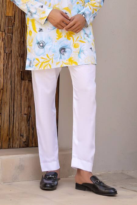 Shop_Chrkha_Blue Satin, Embroidery Floral Print Short Kurta With Pant _Online_at_Aza_Fashions