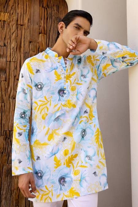 Chrkha_Blue Satin, Embroidery Floral Print Short Kurta With Pant _at_Aza_Fashions