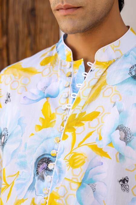 Buy_Chrkha_Blue Satin, Embroidery Floral Print Short Kurta With Pant 