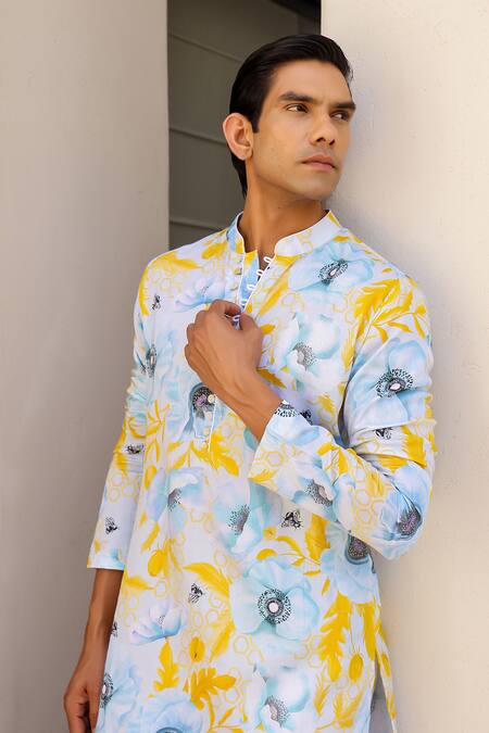 Shop_Chrkha_Blue Satin, Embroidery Floral Print Short Kurta With Pant 