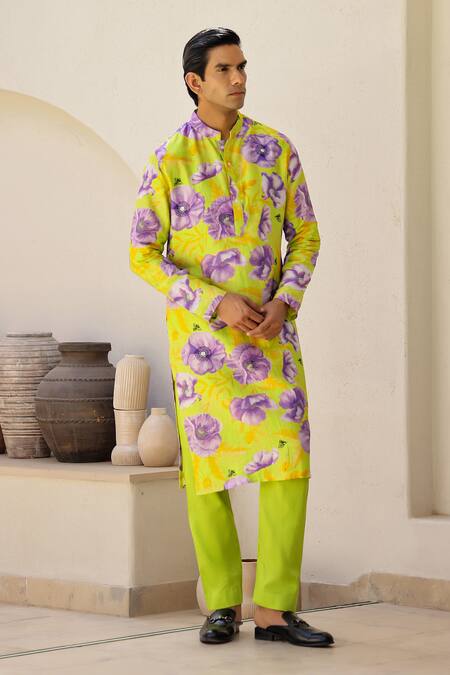 Buy_Chrkha_Green Cotton Satin, Chanderi Contrast Floral Print Straight Kurta With Pant _Online_at_Aza_Fashions