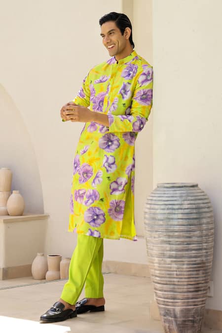 Shop_Chrkha_Green Cotton Satin, Chanderi Contrast Floral Print Straight Kurta With Pant _Online_at_Aza_Fashions
