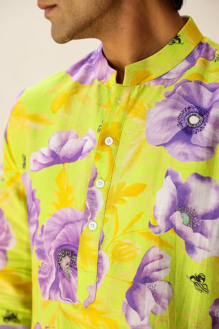 Chrkha_Green Cotton Satin, Chanderi Contrast Floral Print Straight Kurta With Pant _at_Aza_Fashions