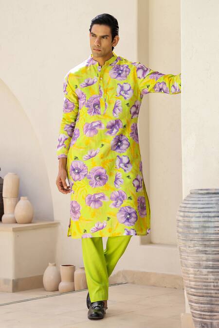 Buy_Chrkha_Green Cotton Satin, Chanderi Contrast Floral Print Straight Kurta With Pant 