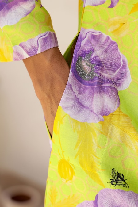 Shop_Chrkha_Green Cotton Satin, Chanderi Contrast Floral Print Straight Kurta With Pant 