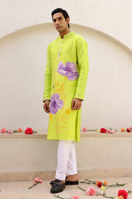 Chrkha_Green Satin, Chanderi Silk, Floral Placement Print Kurta Pant Set _Online_at_Aza_Fashions
