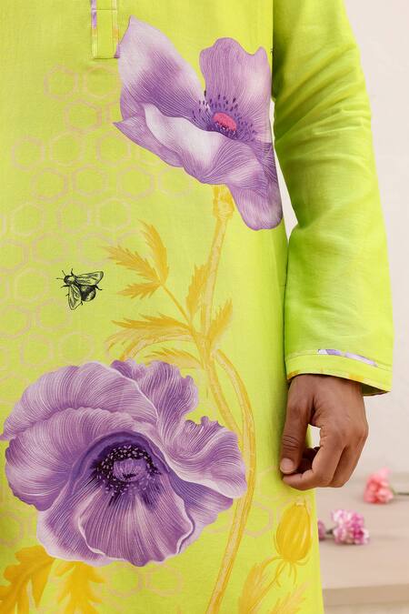Buy_Chrkha_Green Satin, Chanderi Silk, Floral Placement Print Kurta Pant Set _Online_at_Aza_Fashions