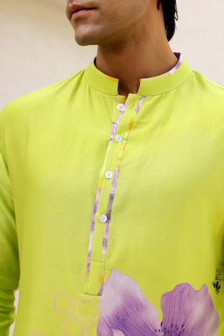 Shop_Chrkha_Green Satin, Chanderi Silk, Floral Placement Print Kurta Pant Set _Online_at_Aza_Fashions