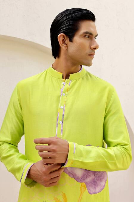 Chrkha_Green Satin, Chanderi Silk, Floral Placement Print Kurta Pant Set _at_Aza_Fashions