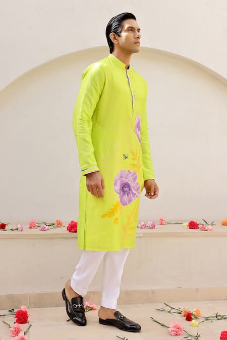 Buy_Chrkha_Green Satin, Chanderi Silk, Floral Placement Print Kurta Pant Set 