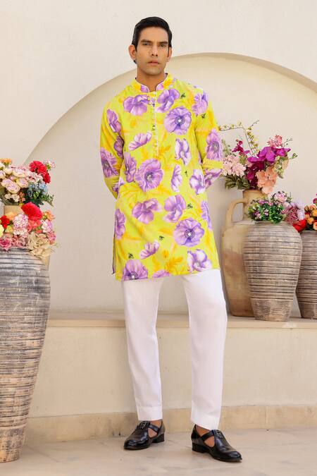 Chrkha_Green Satin, Floral Print Short Kurta With Solid Pant _Online_at_Aza_Fashions