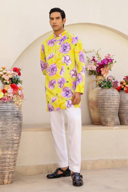 Buy_Chrkha_Green Satin, Floral Print Short Kurta With Solid Pant _Online_at_Aza_Fashions