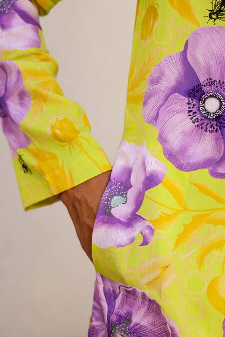 Chrkha_Green Satin, Floral Print Short Kurta With Solid Pant _at_Aza_Fashions