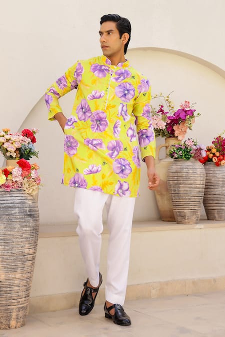 Chrkha Floral Print Short Kurta With Solid Pant 