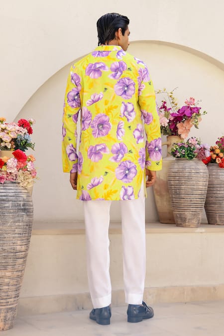 Chrkha Floral Print Short Kurta With Solid Pant 