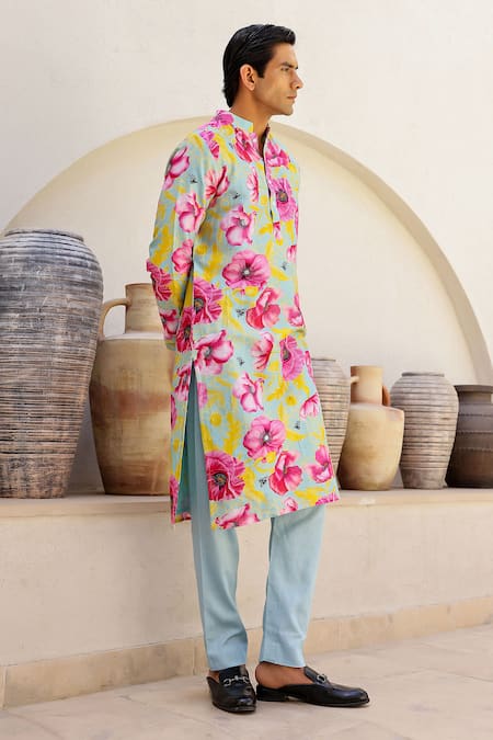 Chrkha_Blue Cotton Satin, Chanderi Contrast Floral Print Straight Kurta With Solid Pant _Online_at_Aza_Fashions