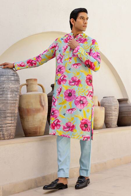 Buy_Chrkha_Blue Cotton Satin, Chanderi Contrast Floral Print Straight Kurta With Solid Pant _Online_at_Aza_Fashions