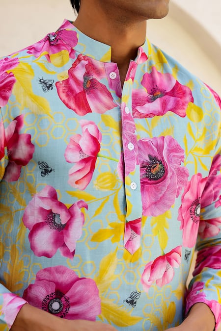 Chrkha_Blue Cotton Satin, Chanderi Contrast Floral Print Straight Kurta With Solid Pant _at_Aza_Fashions