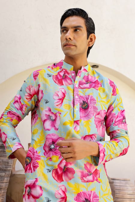 Buy_Chrkha_Blue Cotton Satin, Chanderi Contrast Floral Print Straight Kurta With Solid Pant 