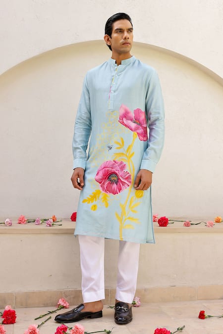 Buy_Chrkha_Blue Satin, Chanderi Silk, Floral Placement Print Kurta With Pant _Online_at_Aza_Fashions