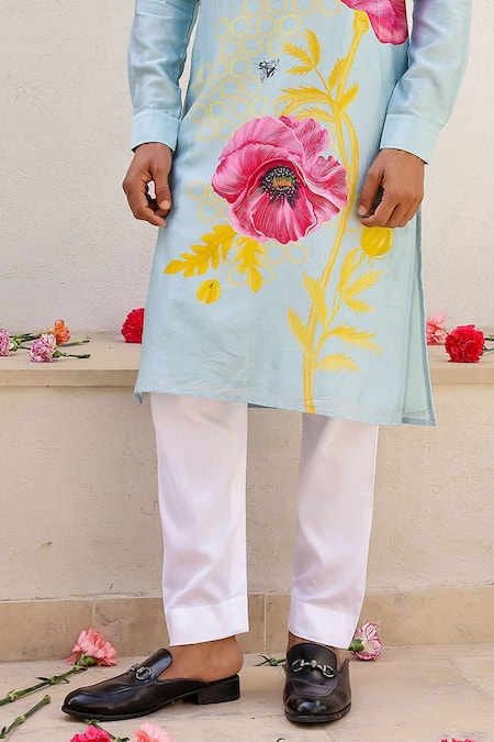 Shop_Chrkha_Blue Satin, Chanderi Silk, Floral Placement Print Kurta With Pant _Online_at_Aza_Fashions