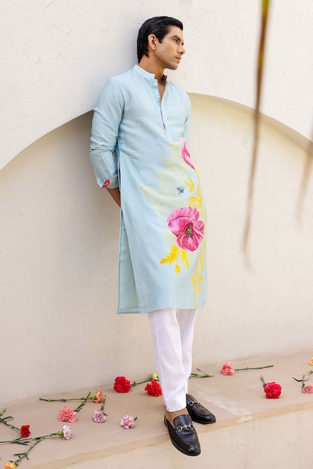 Buy_Chrkha_Blue Satin, Chanderi Silk, Floral Placement Print Kurta With Pant 